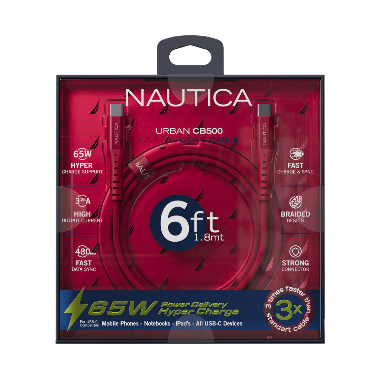 Nautica Urban CB500 Premium Braided 6ft USB-C to USB-C Cable with 65W Fast Charge (Red)