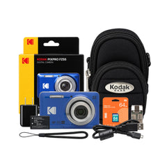 Kodak PIXPRO FZ55 Digital Camera Bundle with 64GB SDXC Card, Card Reader, and Small Pouch (Blue)