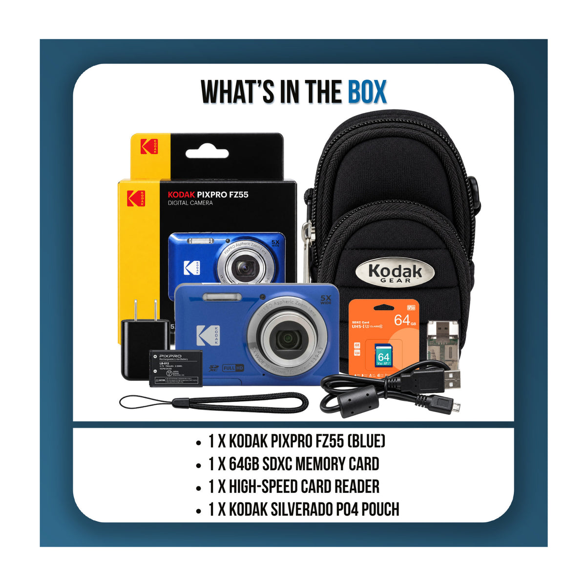 Kodak PIXPRO FZ55 Digital Camera Bundle with 64GB SDXC Card, Card Reader, and Small Pouch (Blue)