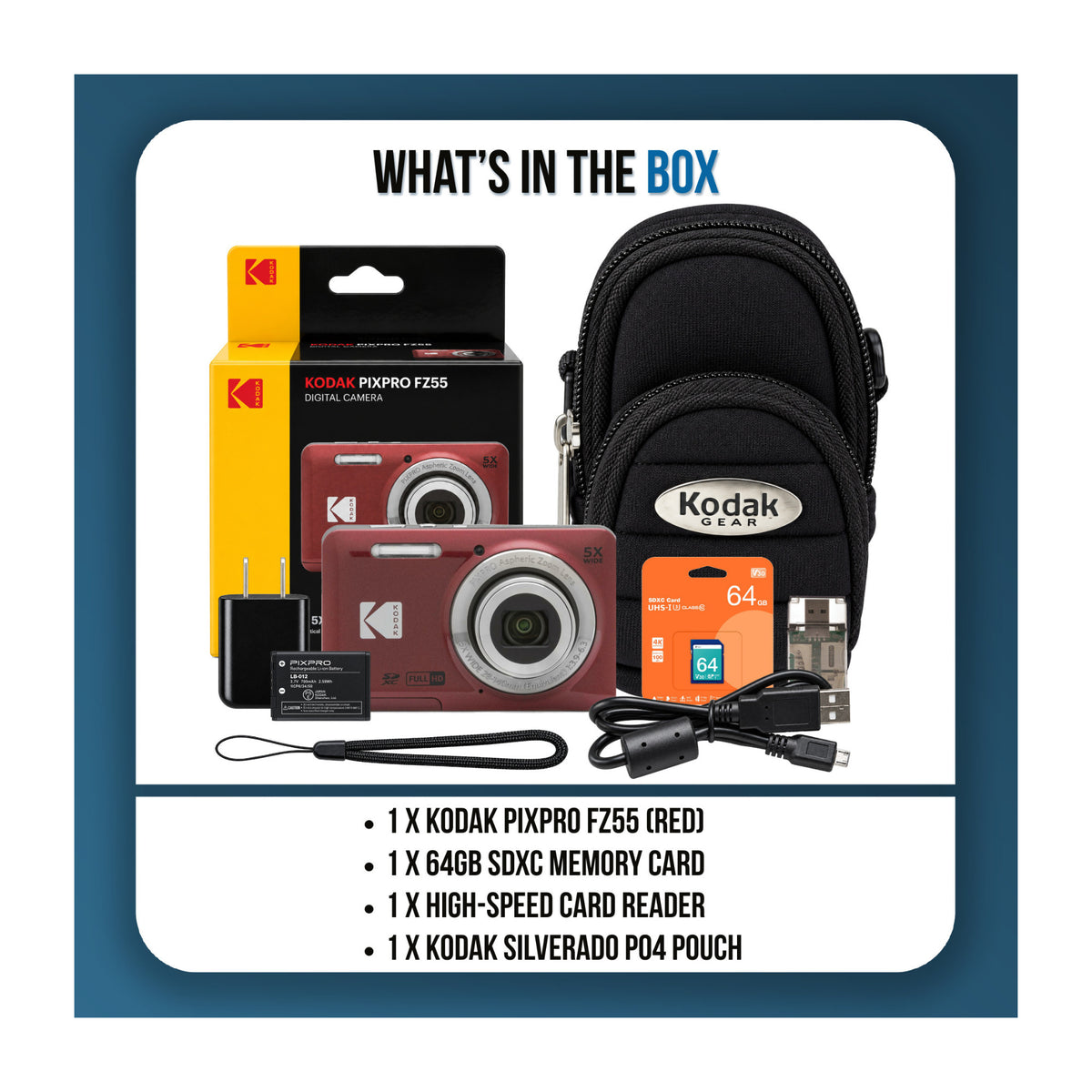 Kodak PIXPRO FZ55 Digital Camera Bundle with 64GB SDXC Card, Card Reader, and Small Pouch (Red)