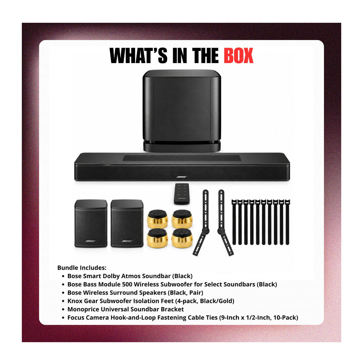 Bose Smart Dolby Atmos Soundbar (Black) Bundle with Subwoofer, Surround Speakers and Accessories