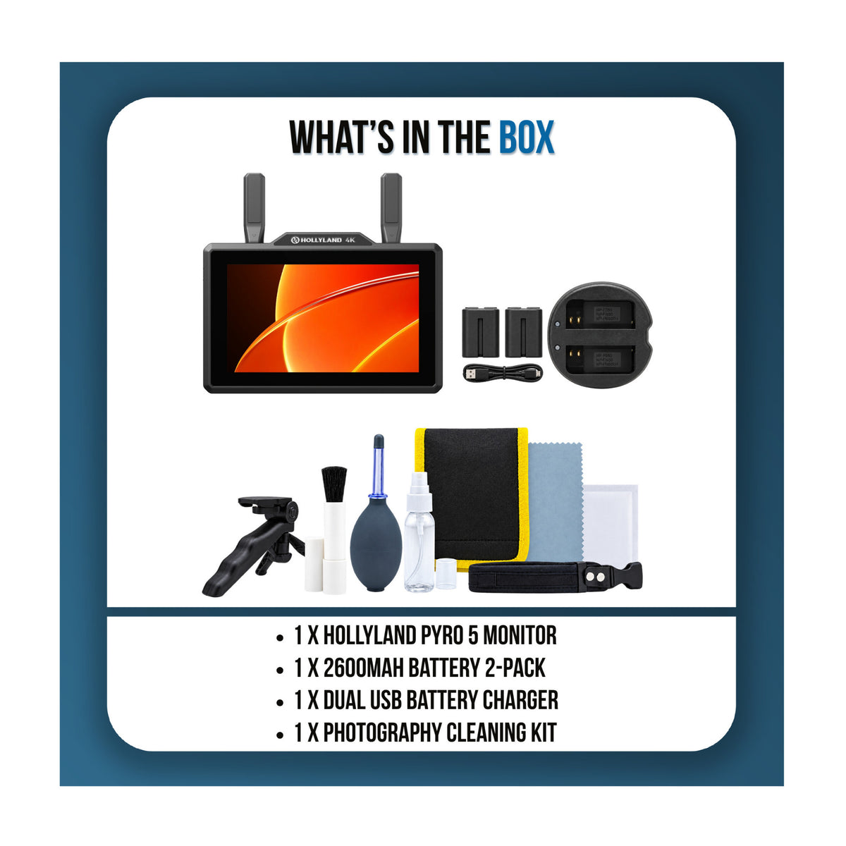 Hollyland Pyro 5 All-In-One 4K Wireless Transceiver Monitor Bundle with Batteries and Cleaning Kit