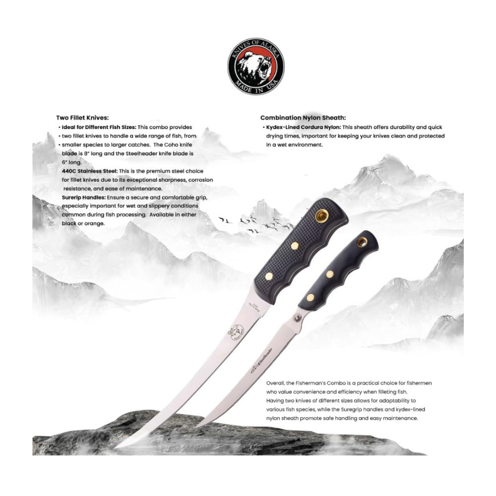 Knives of Alaska Fisherman's 2-Knife Black Suregrip Combo with Coho and Steelheader Knives