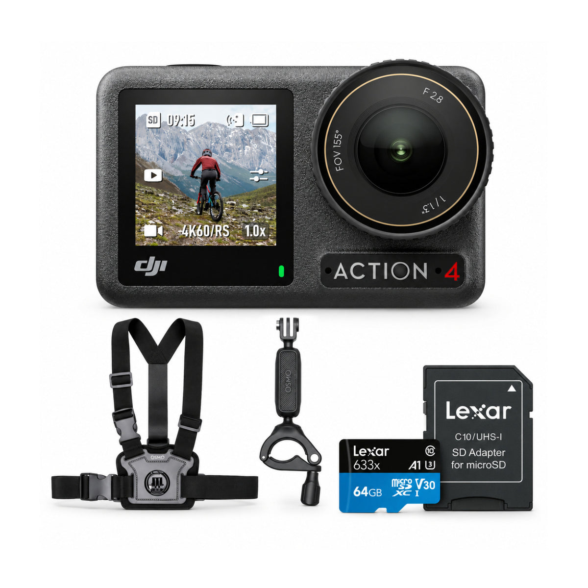 DJI Osmo Action 4 4K 1/1.3 Inch Sensor Waterproof Cycling Camera Bundle with 64GB Memory Card