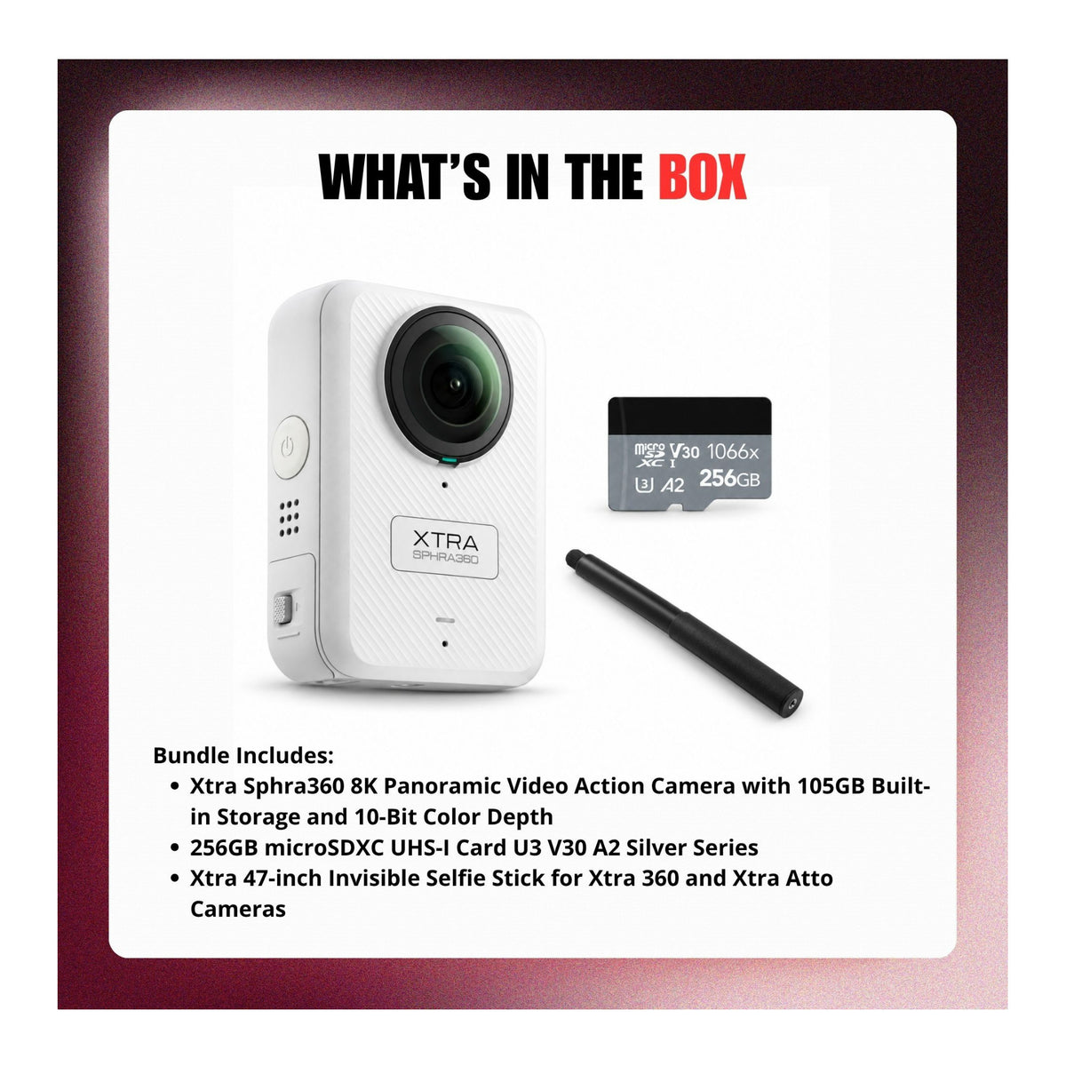 Xtra Sphra360 Action Camera Bundle with Selfie Stick and 256GB MicroSD Card