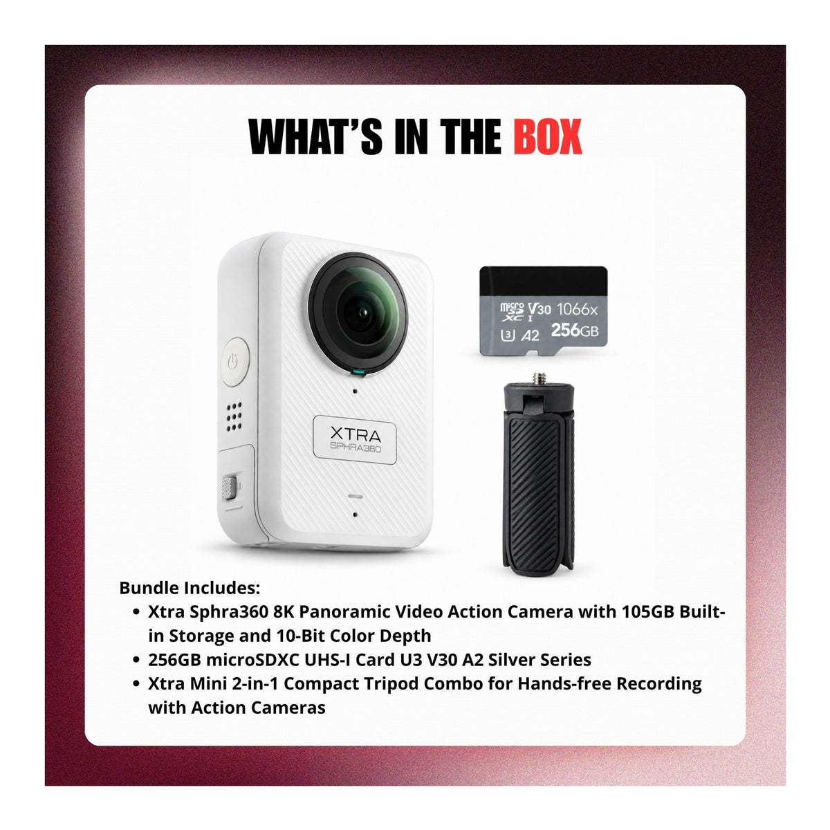 Xtra Sphra360 Action Camera Bundle with Mini 2-in-1 Tripod and 256GB MicroSD Card