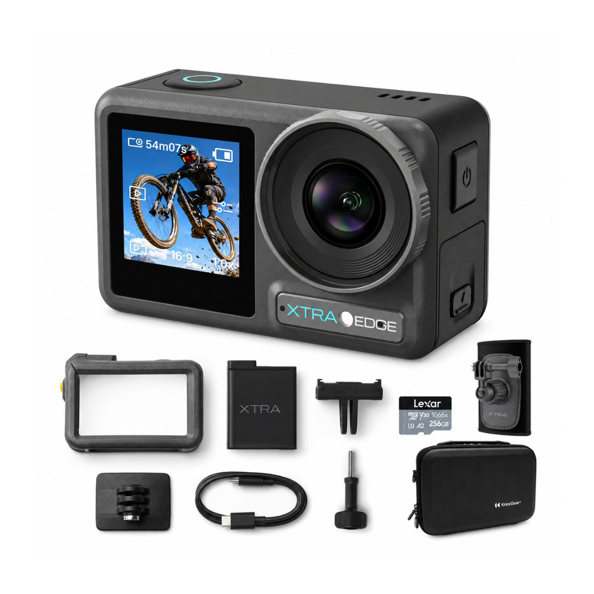 Xtra Edge 4K Waterproof Action Camera Bundle with 256GB Memory Card, Strap Mount, and Carry Case