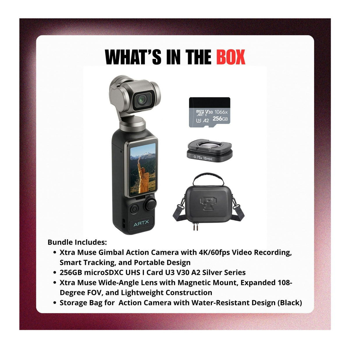 Xtra Muse Gimbal Action Camera Bundle with Wide-Angle Lens, Carrying Case and 256GB MicroSD Card