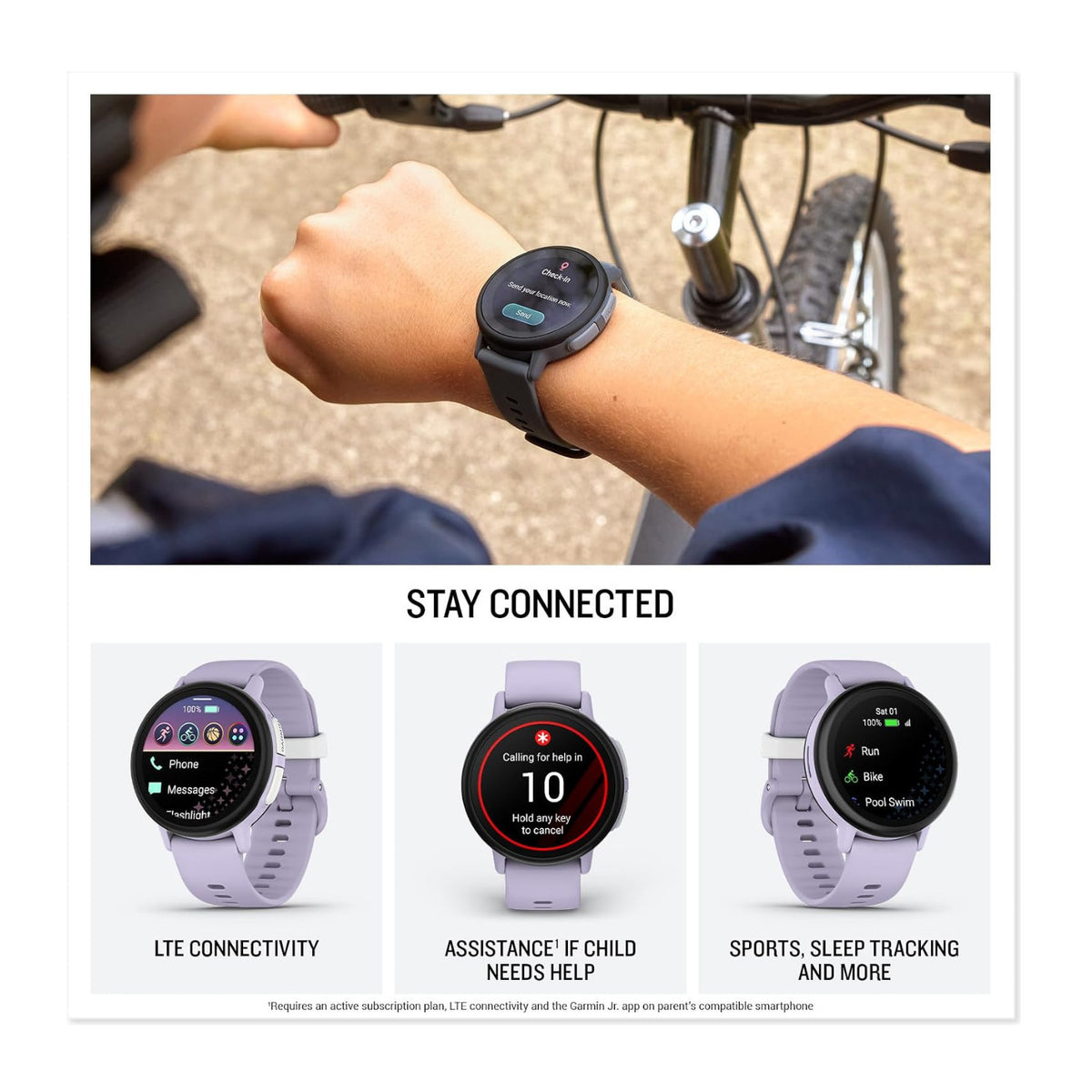 Garmin Bounce 2 Kids LTE GPS Smartwatch with Location Tracking and School Mode (Light Purple)