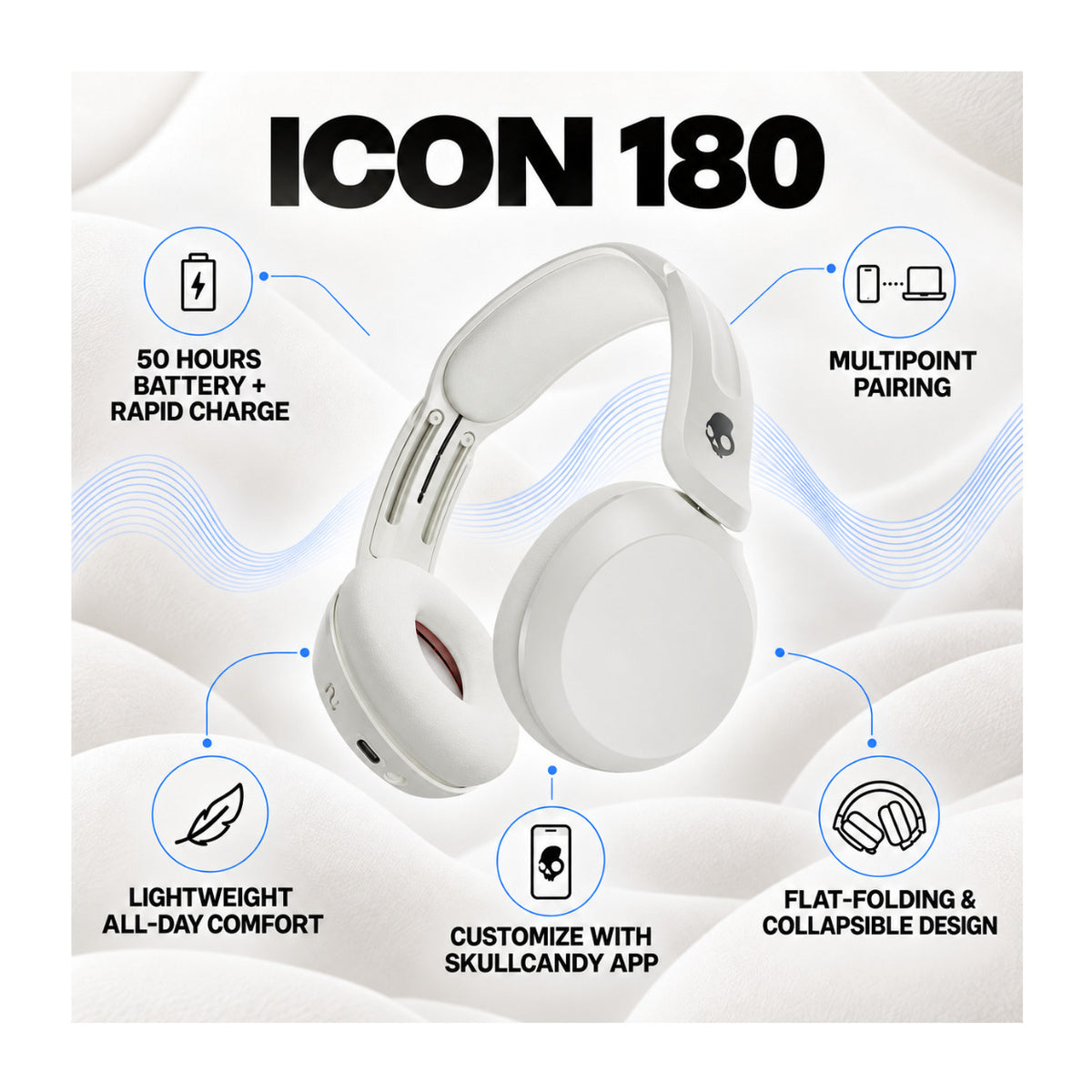 Skullcandy Icon 180 Wireless On-Ear Headphones with 50-Hour Battery and Multi-point Pairing (Bone)