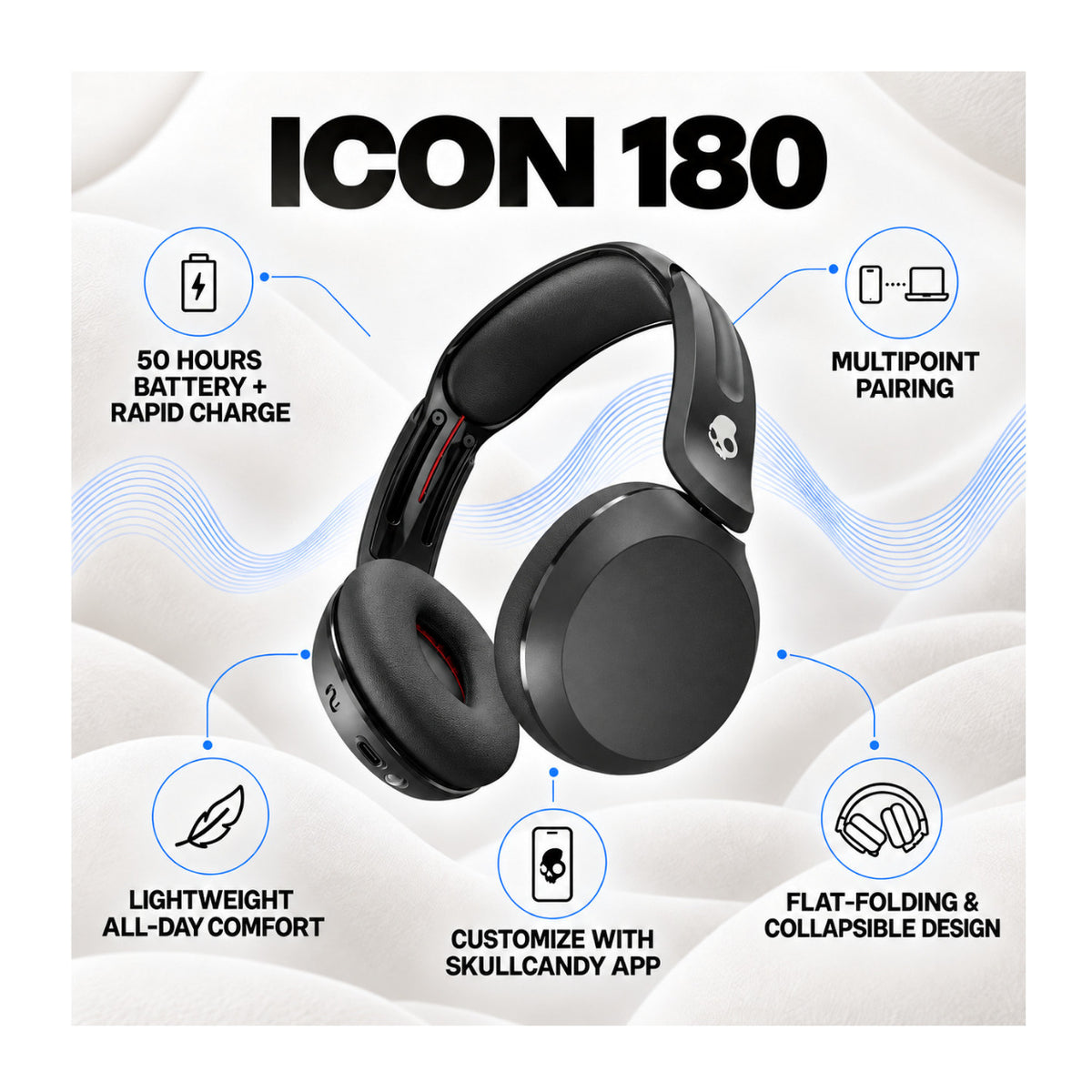 Skullcandy Icon 180 Wireless On-Ear Headphones with 50-Hour Battery and Multi-point Pairing (Black)
