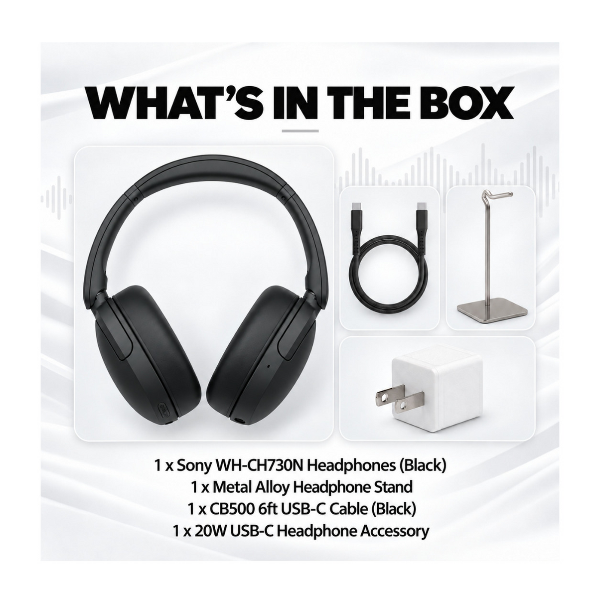 Sony WH-CH730N Wireless Noise-Cancelling Headphones Bundle with Stand and Accessories (Black)