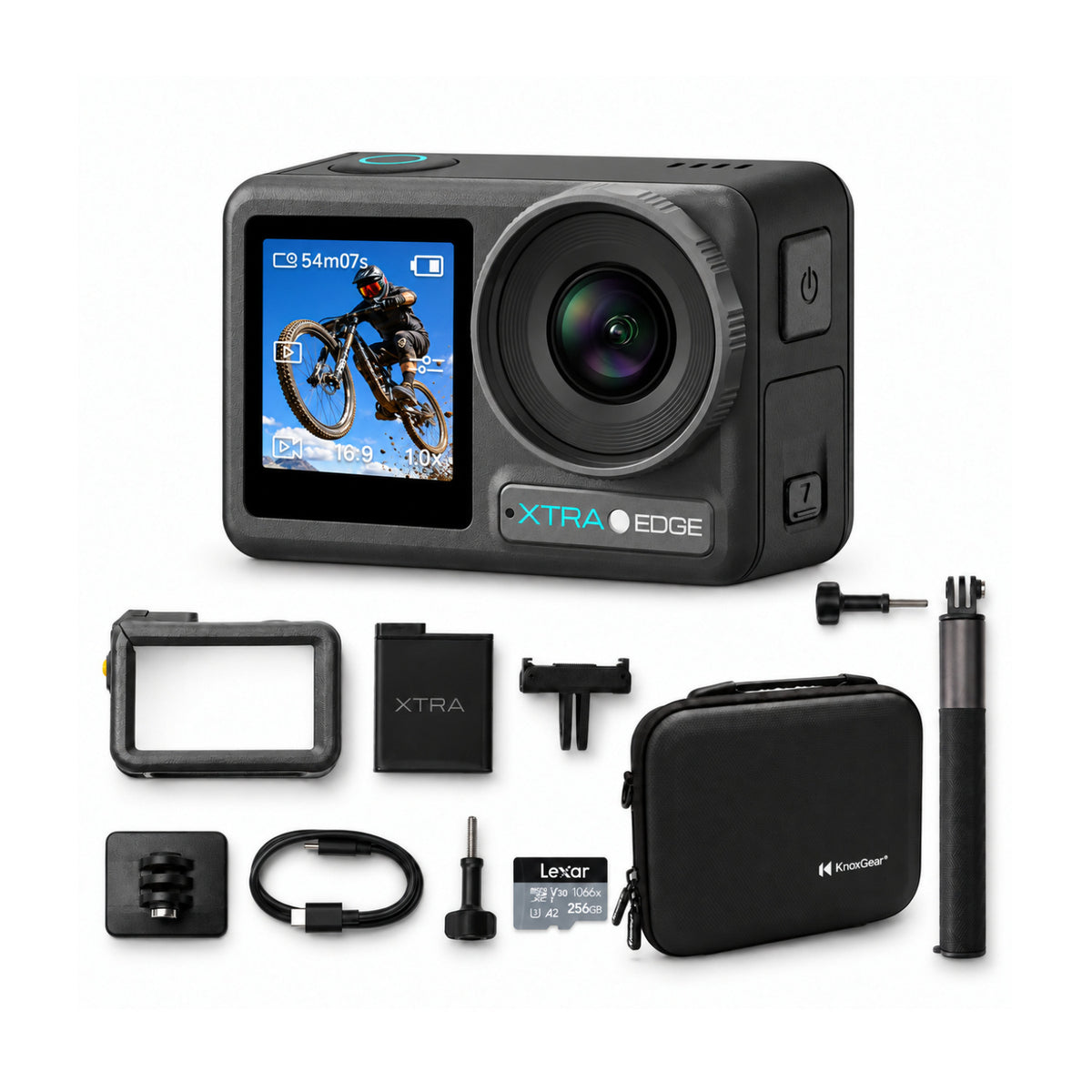Xtra Edge 4K Waterproof Action Camera Bundle with 256GB Card, Extension Rod, and Carrying Case