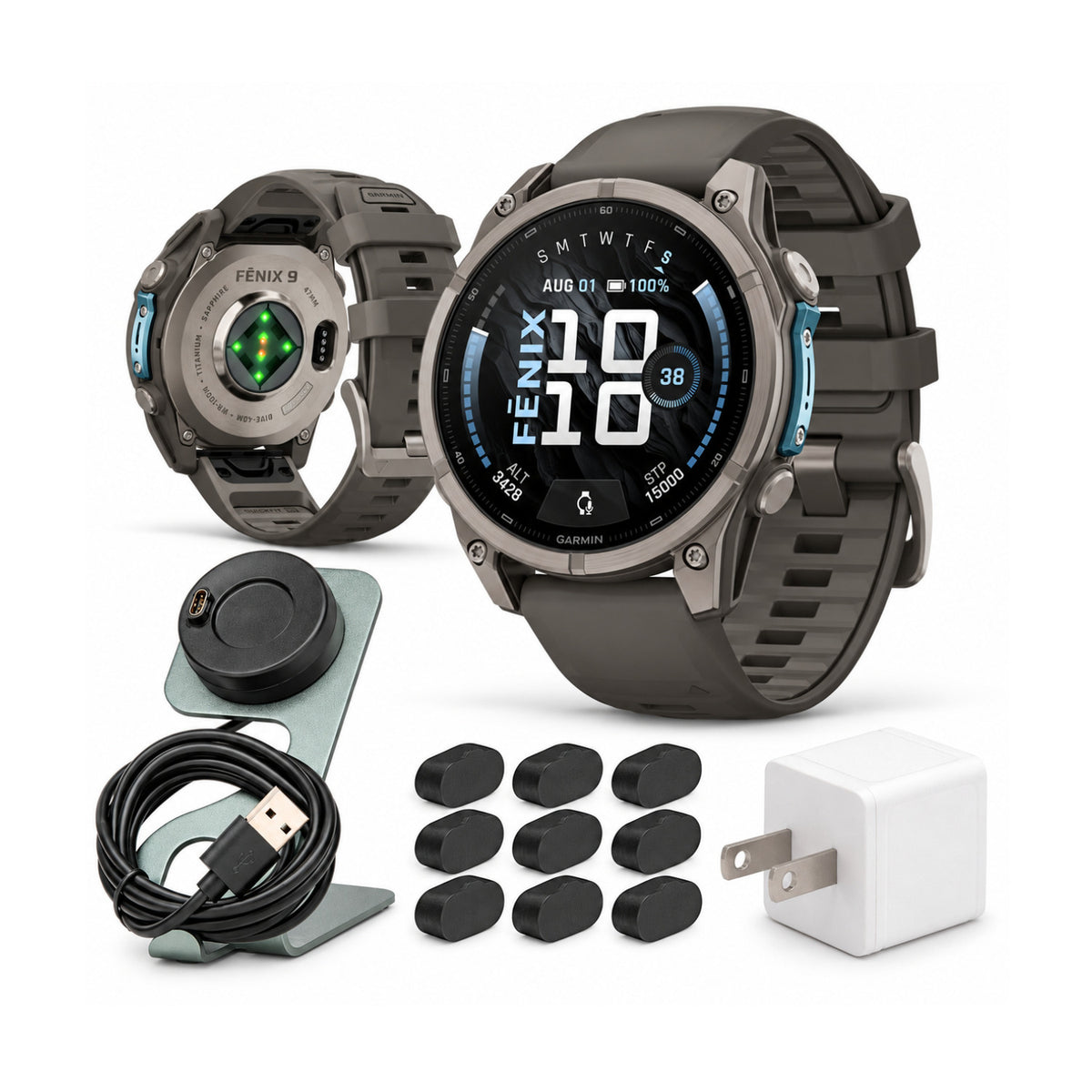 Garmin fenix 9 AMOLED GPS 47mm Smartwatch (Titanium/Pebble Gray) with Accessories Bundle