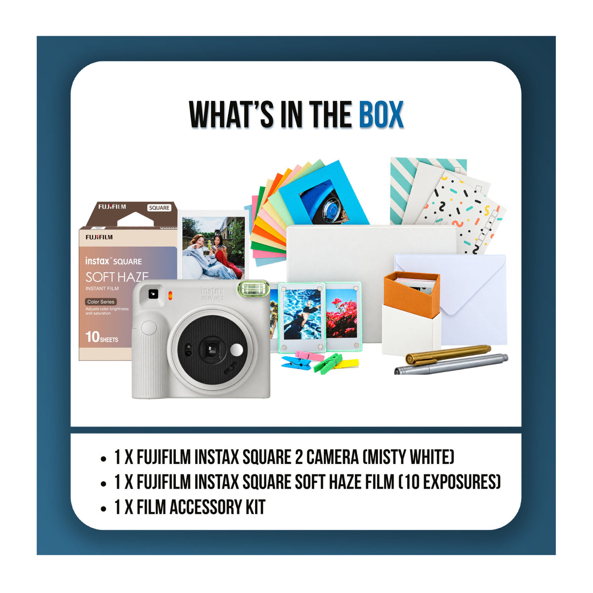 Fujifilm instax Square 2 Instant Camera Bundle with Soft Haze Film and Accessory Kit (Misty White)