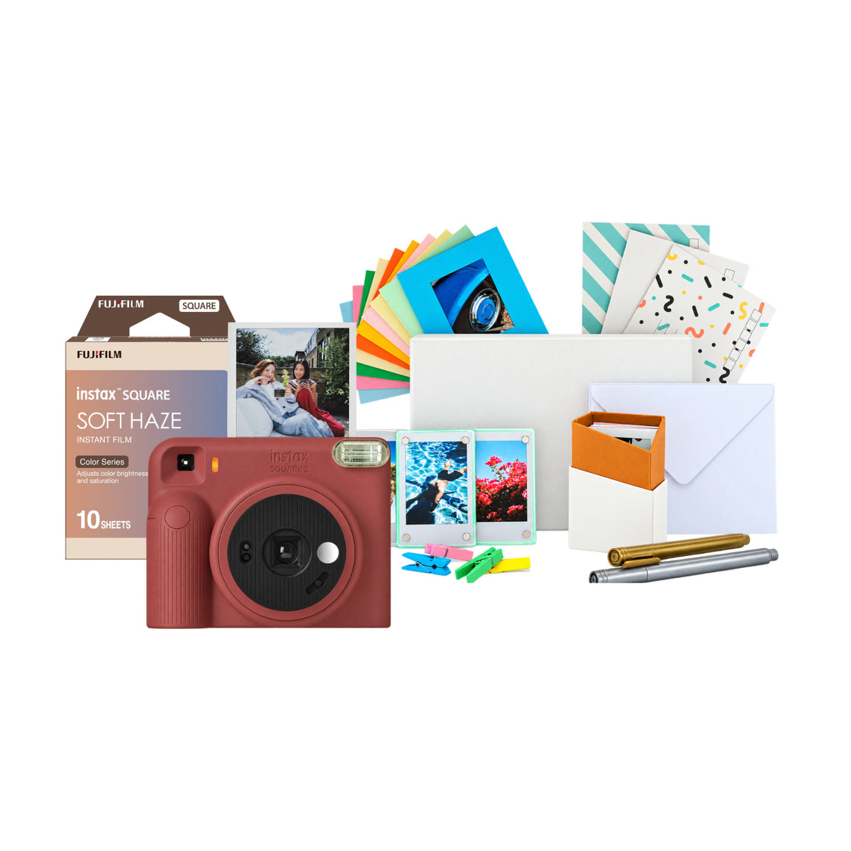 Fujifilm instax Square 2 Instant Camera Bundle with Soft Haze Film and Accessory Kit (Brick Red)