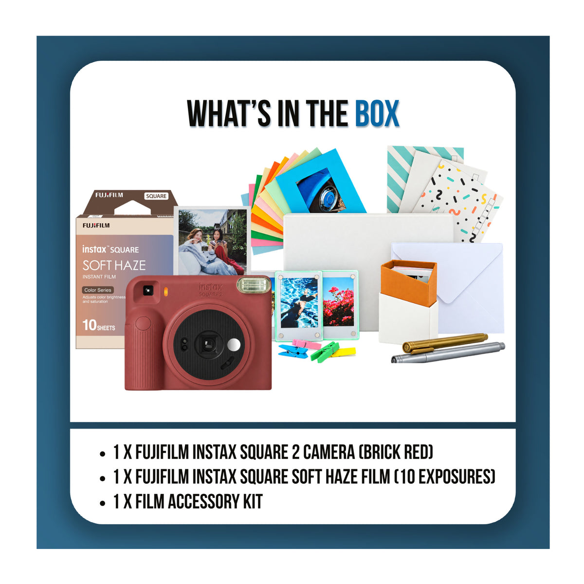 Fujifilm instax Square 2 Instant Camera Bundle with Soft Haze Film and Accessory Kit (Brick Red)