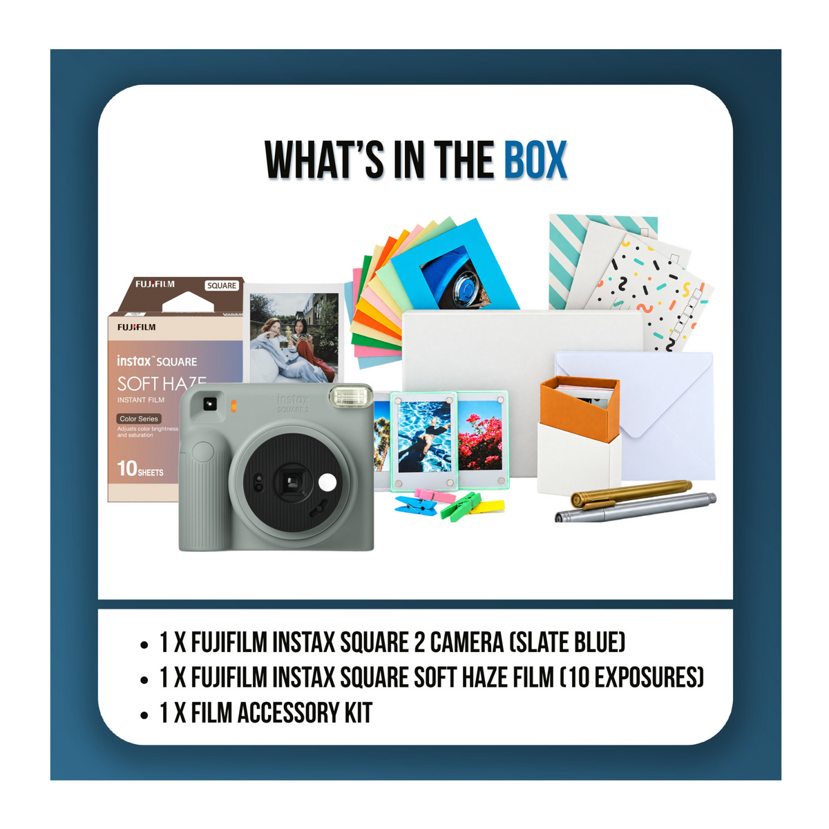 Fujifilm instax Square 2 Instant Camera Bundle with Soft Haze Film and Accessory Kit (Slate Blue)
