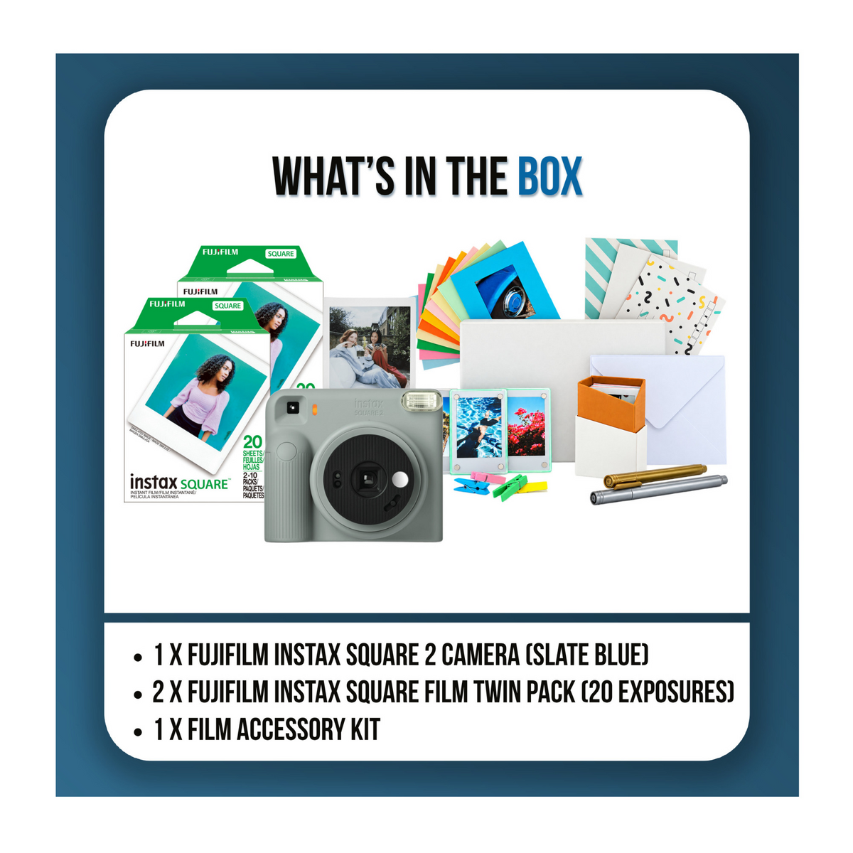 Fujifilm instax Square 2 Instant Camera with Two Twin Film Packs and Accessory Kit (Slate Blue)