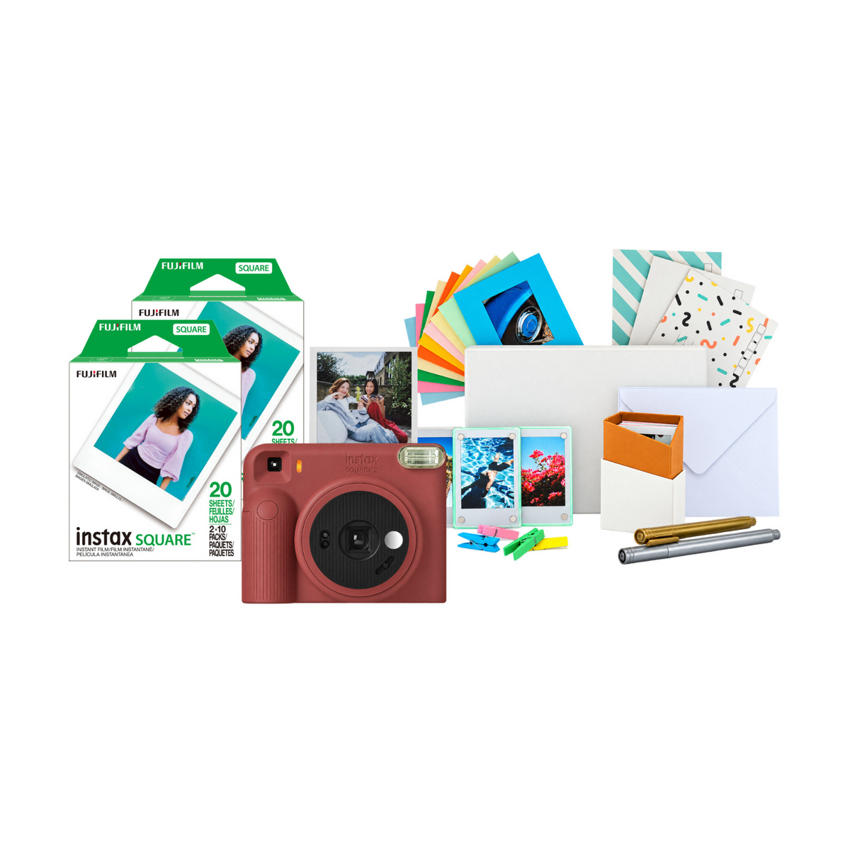 Fujifilm instax Square 2 Instant Camera with Two Twin Film Packs and Accessory Kit (Brick Red)