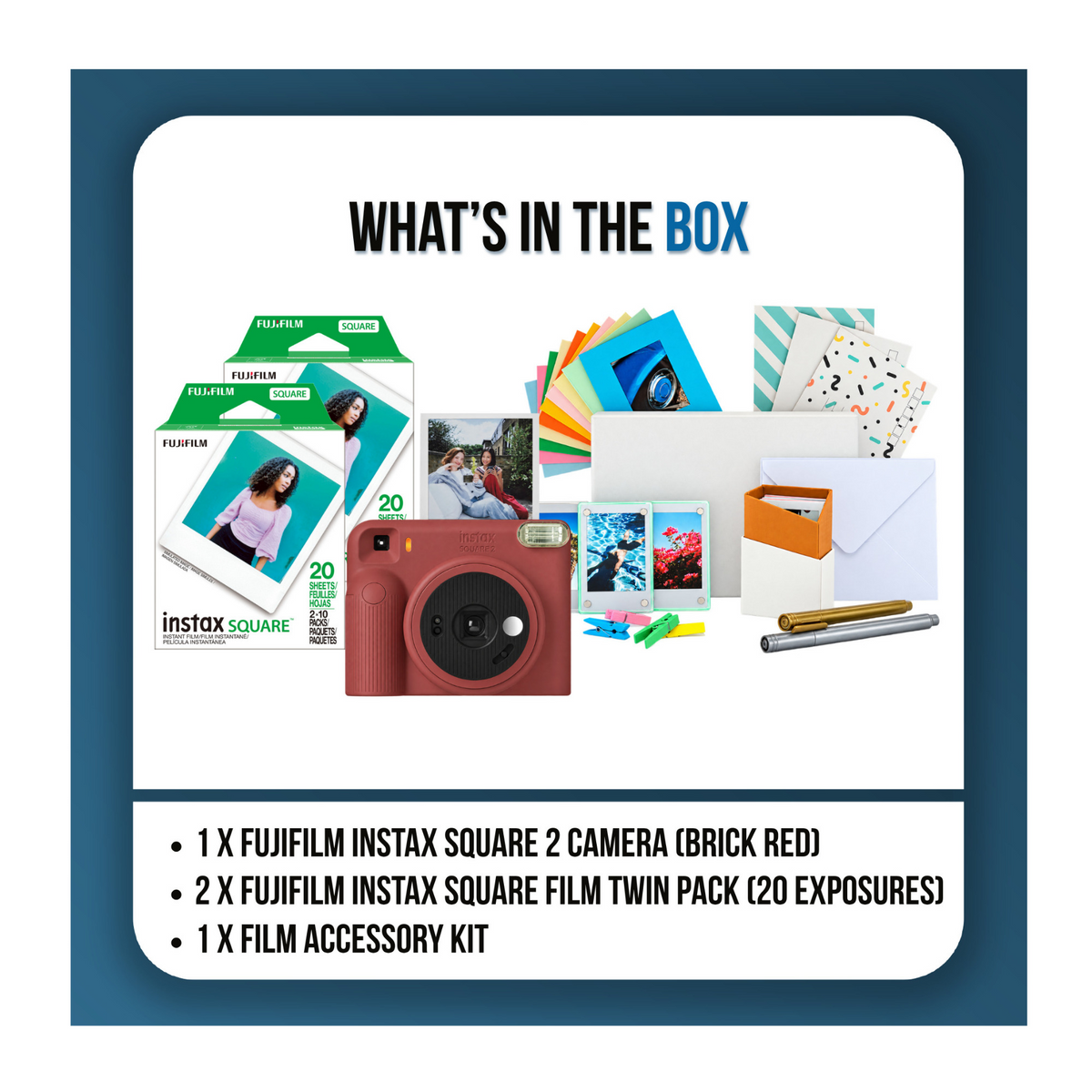 Fujifilm instax Square 2 Instant Camera with Two Twin Film Packs and Accessory Kit (Brick Red)