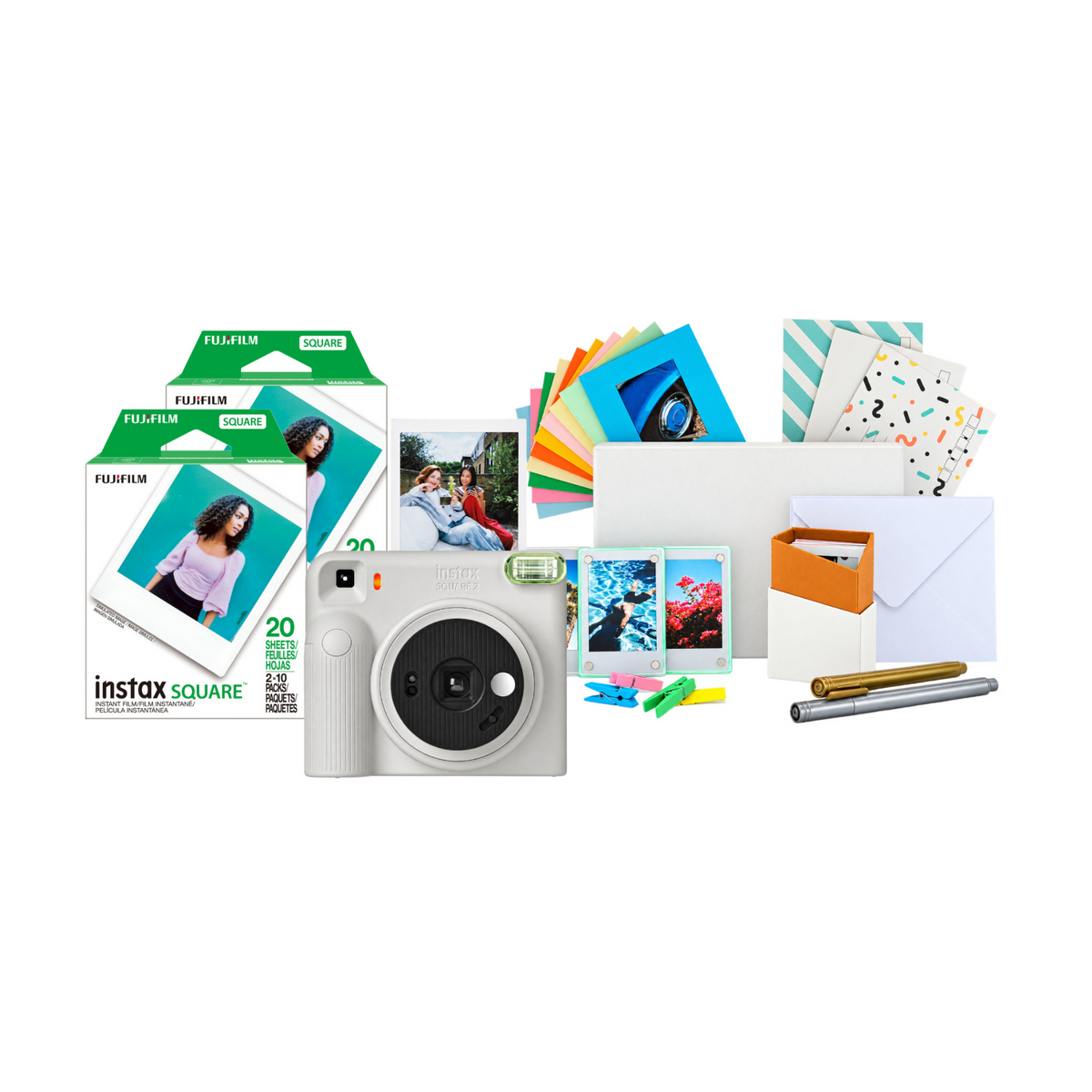 Fujifilm instax Square 2 Instant Camera with Two Twin Film Packs and Accessory Kit (Misty White)
