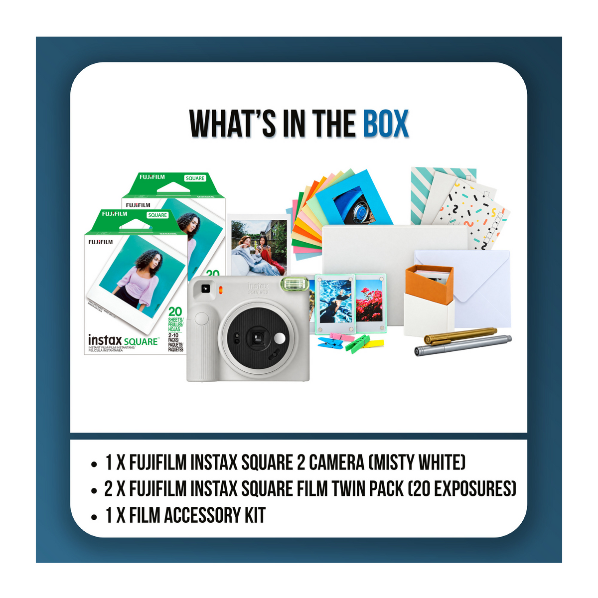 Fujifilm instax Square 2 Instant Camera with Two Twin Film Packs and Accessory Kit (Misty White)