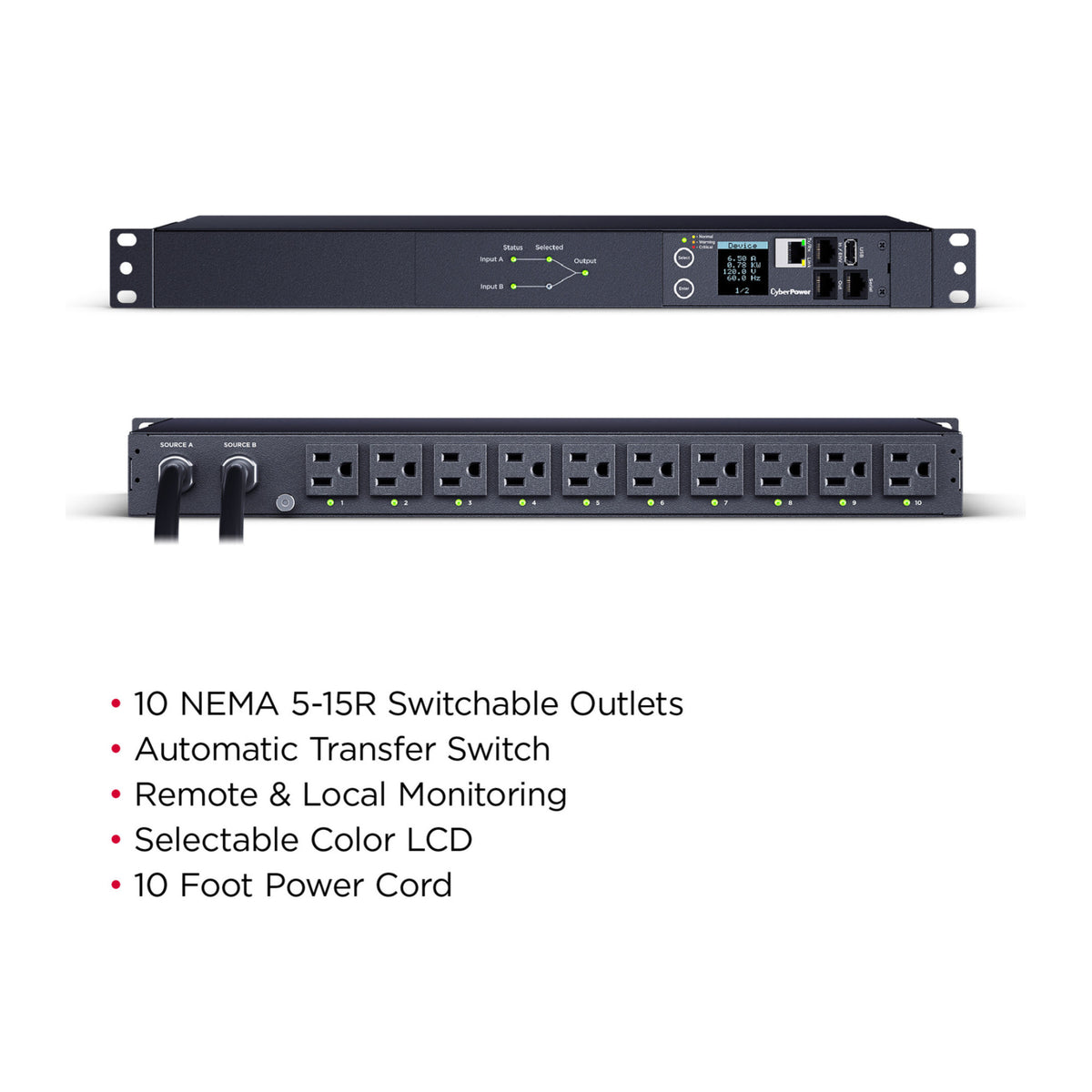 CyberPower PDU44001 1U Switched ATS Rackmount Power Distribution Unit with 10 Switchable Outlets