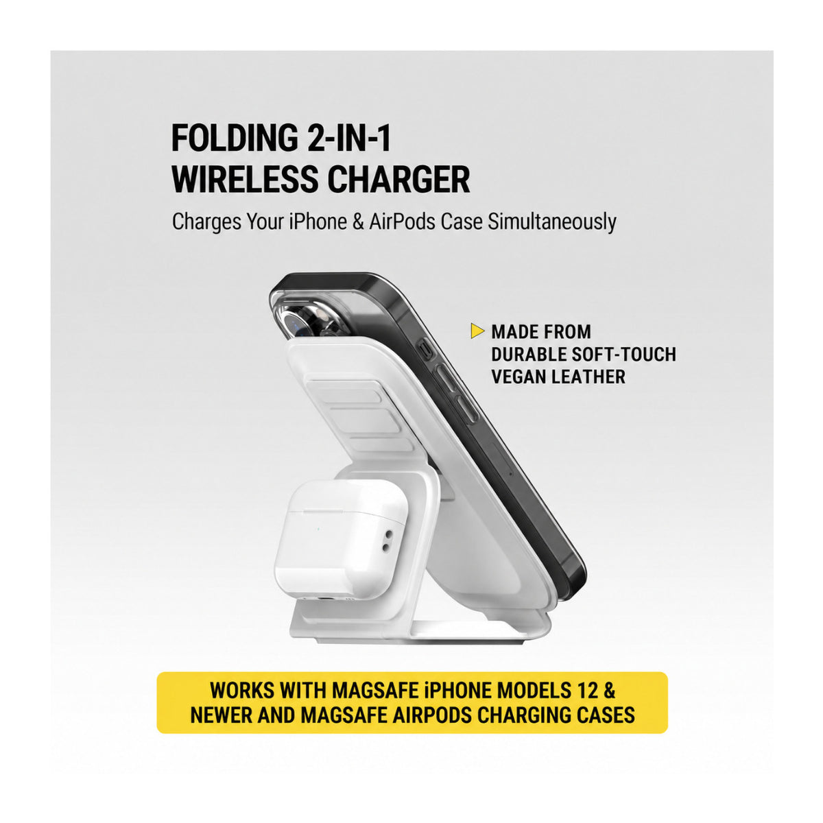 Scosche MagicMount Travel Folding 2-in-1 MagSafe Wireless Charger with USB-C Cable (White)