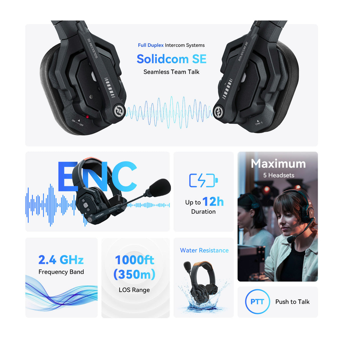 Hollyland Solidcom SE Global 5S 5-Person Noise Cancelling Wireless Intercom Headset System