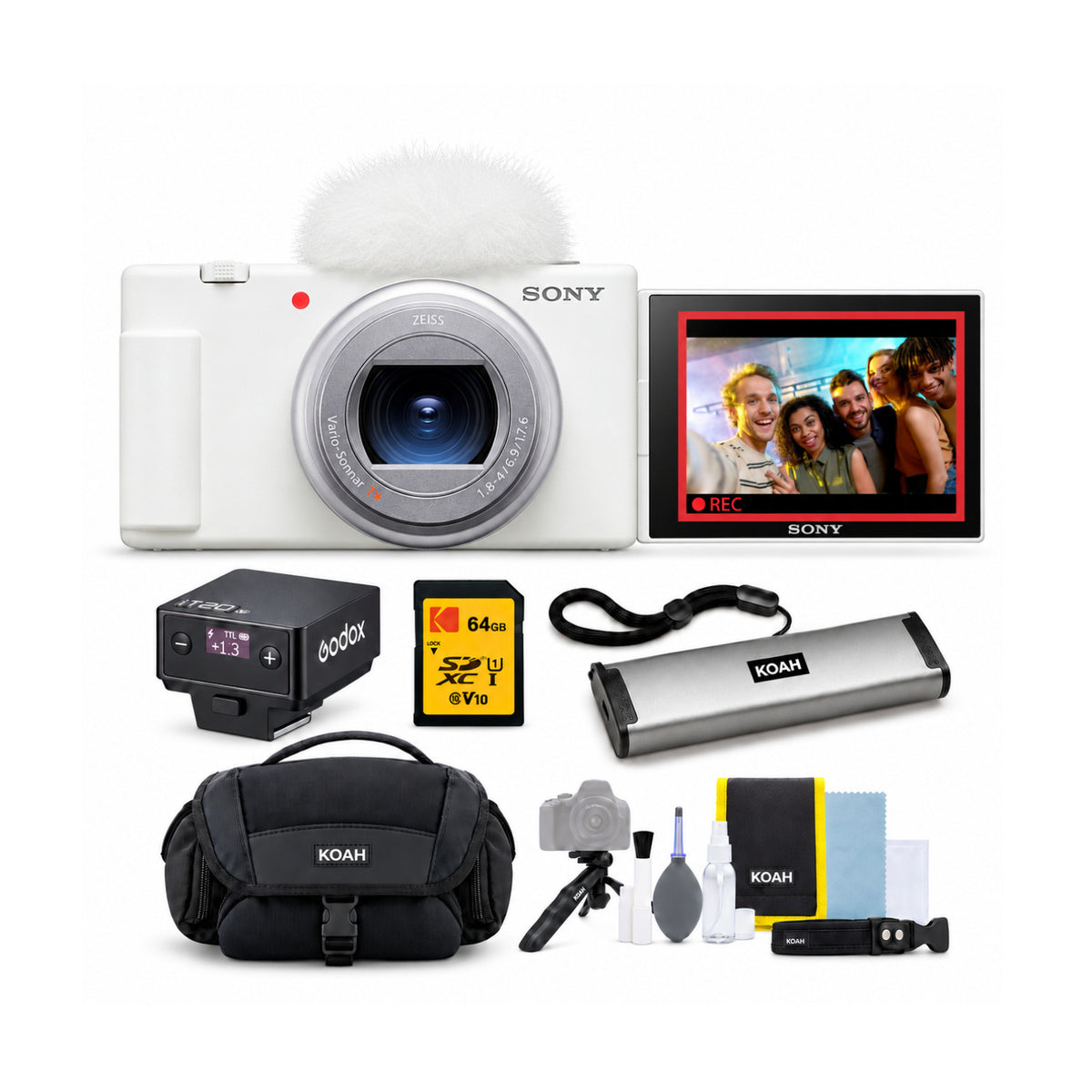 Sony ZV-1 II Vlog Camera (White) with 18-50mm f/1.8-4 Lens and Mini Flash Bundle