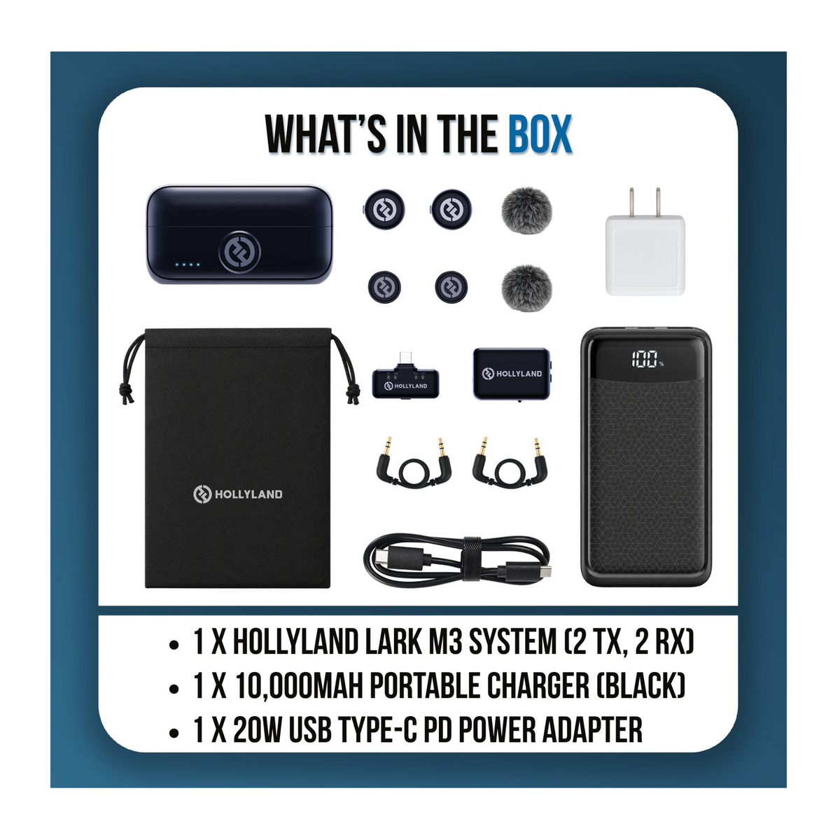 Hollyland LARK M3 Wireless System with 2 TX, 2 RX, Portable Charger, and Adapter