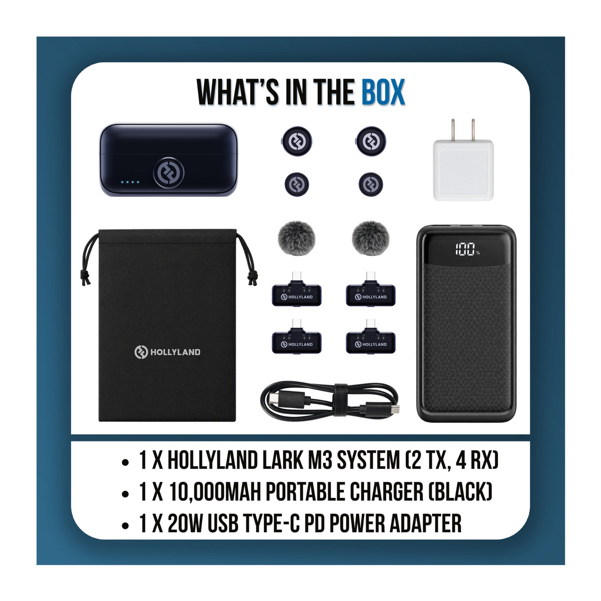 Hollyland LARK M3 Wireless System with 2 TX, 4 RX, Portable Charger, and Adapter
