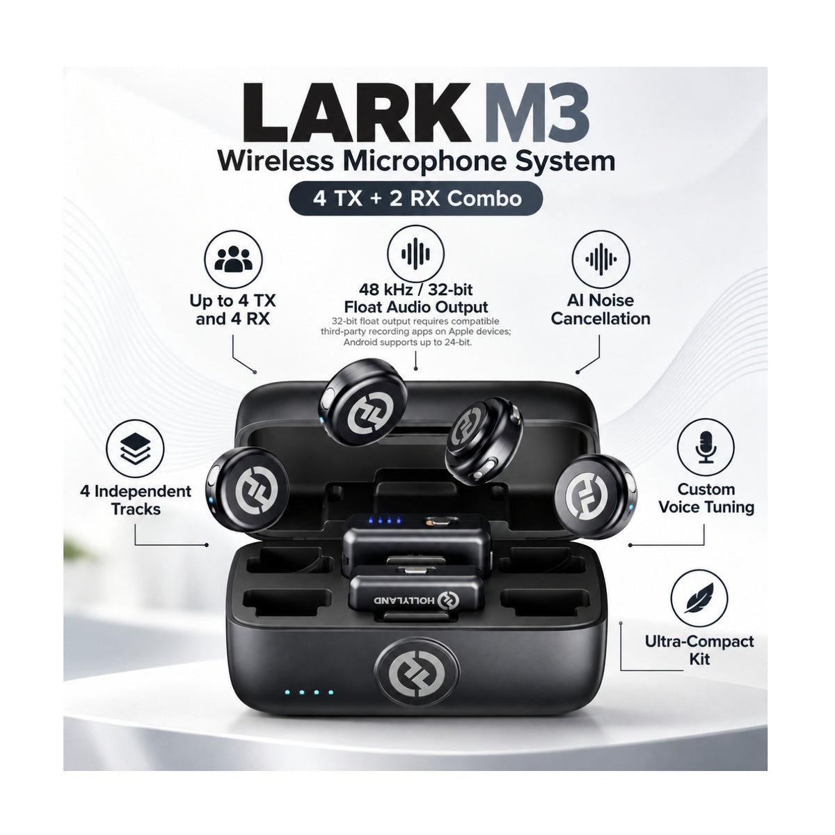 Hollyland LARK M3 Combo Wireless Microphone System (4 TX, 2 RX) Bundle with Charging Accessories