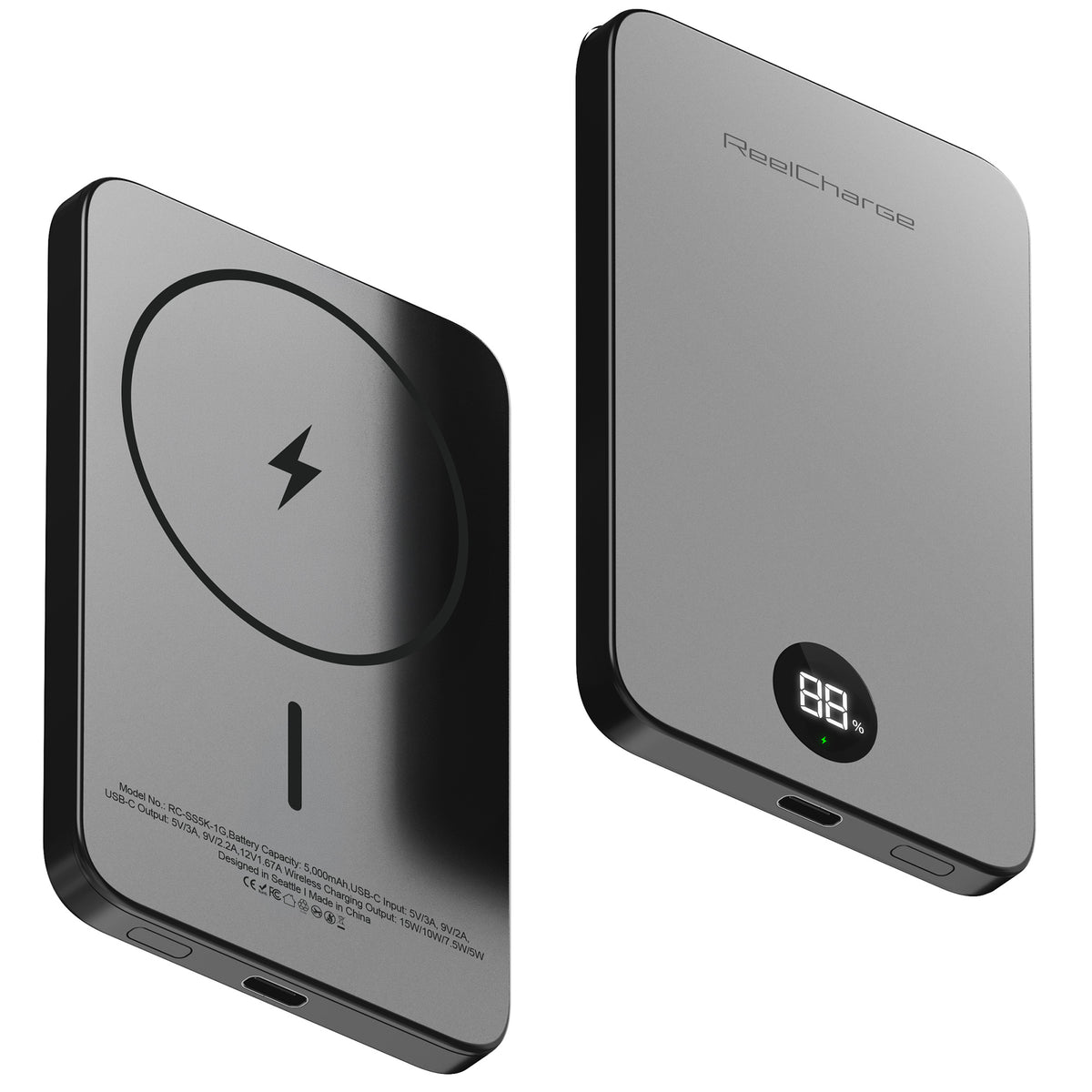 ReelCharge ReelSafe Solid State 5,000 mAh Qi2 Wireless Power Bank (Gray)