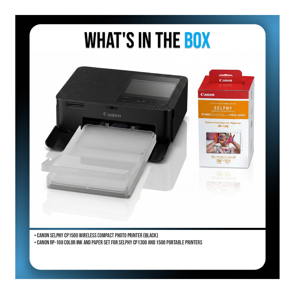 Canon CP1500 Compact Photo Printer (Black) Bundle with Color Ink and Paper Set