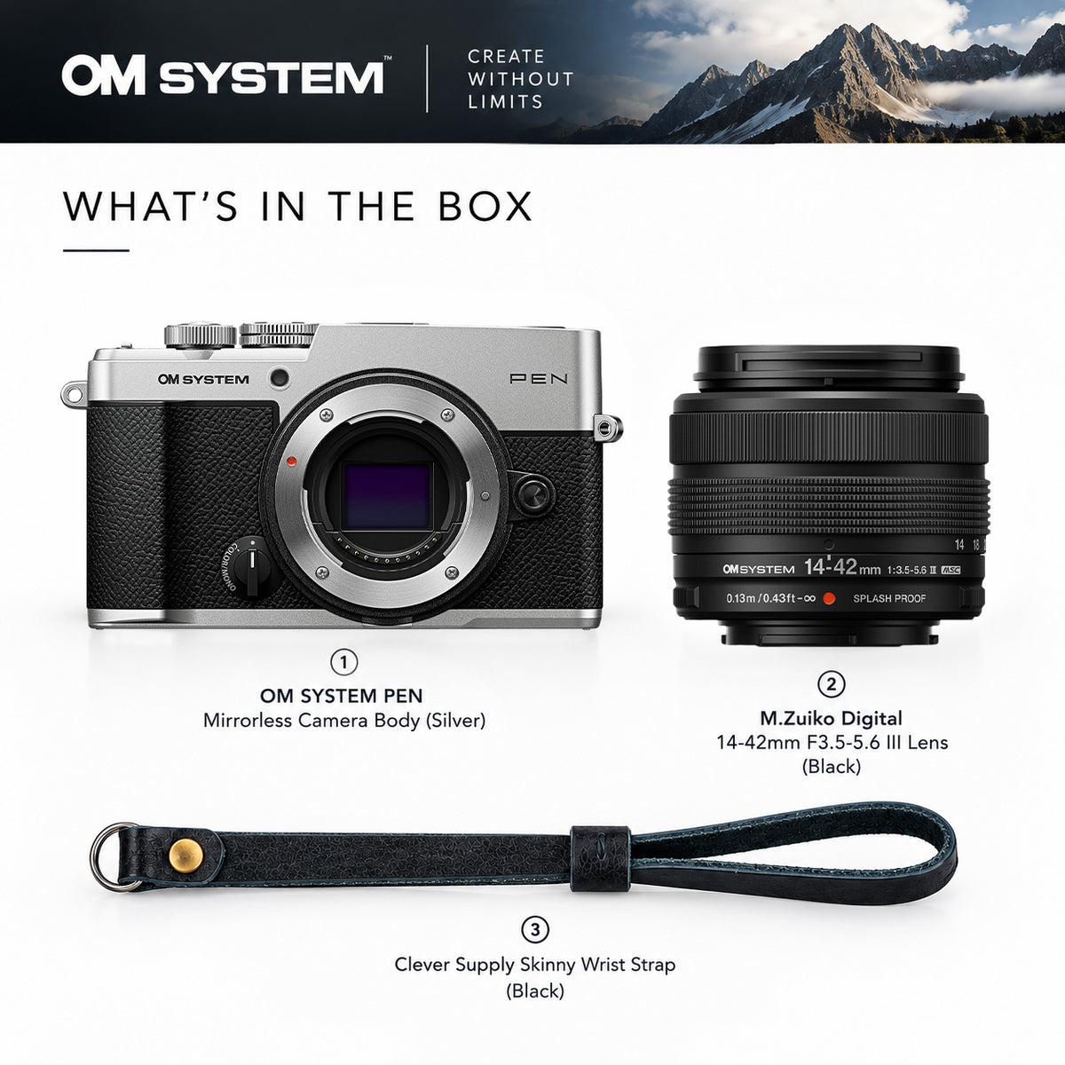 OM System PEN Mirrorless Camera with 14-42mm F3.5-5.6 III Lens and Skinny Wrist Strap (Silver)