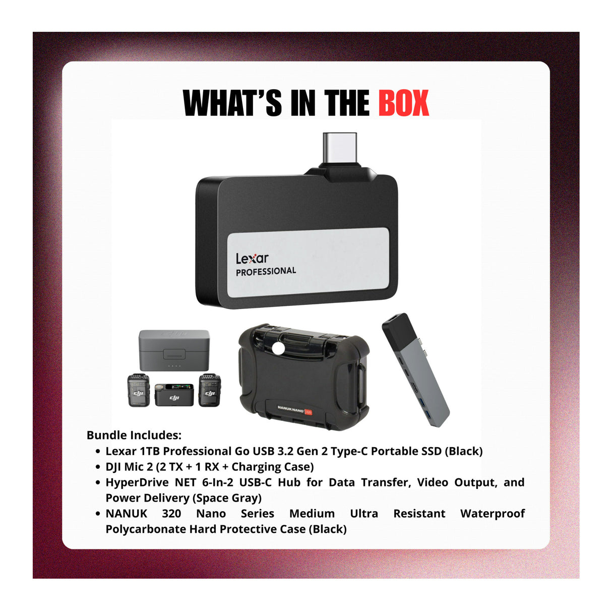 Lexar 1TB Professional Go USB 3.2 Gen 2 Type-C Portable SSD with DJI Mic 2 and Accessories Bundle - 8