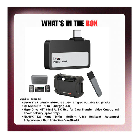 Lexar 1TB Professional Go USB 3.2 Gen 2 Type-C Portable SSD with DJI Mic 2 and Accessories Bundle - 8