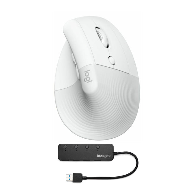 Logitech Lift Vertical Wireless Ergonomic Mouse (Pale Gray) and Knox Gear 4-Port USB 3.0 Hub