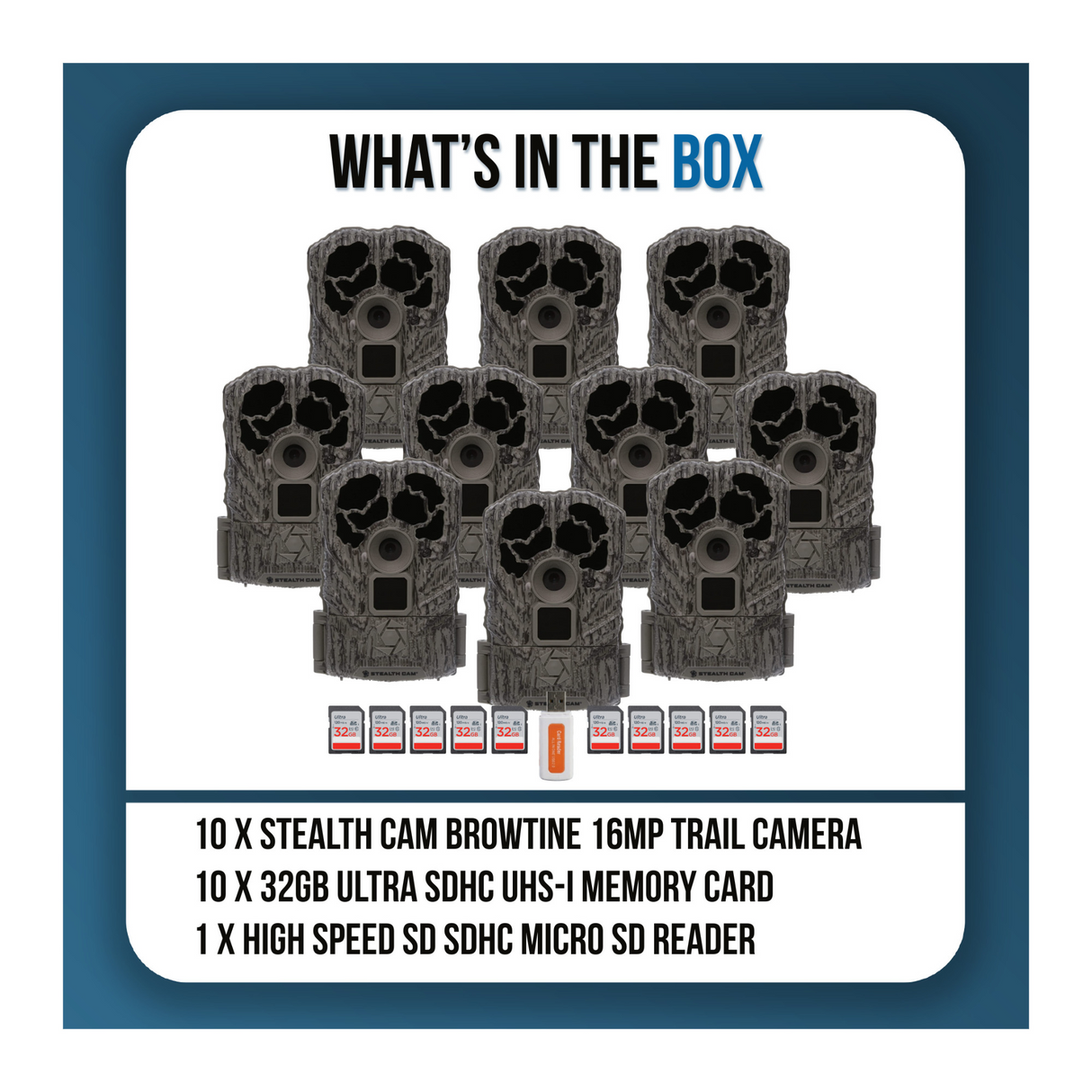 Stealth Cam Browtine Trail Camera Bundle with 32GB Memory Card and Card Reader (10-Pack, 21 Items)