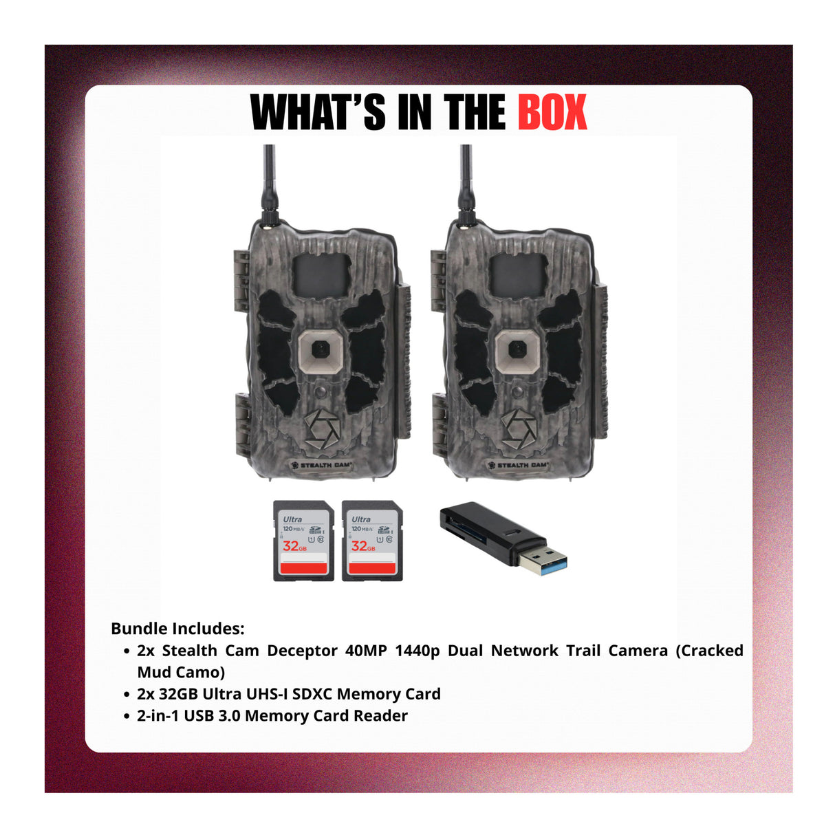 Stealth Cam Deceptor Dual Network Trail Camera (2 Pack) Bundle with 32GB Memory Card & Card Reader - 8