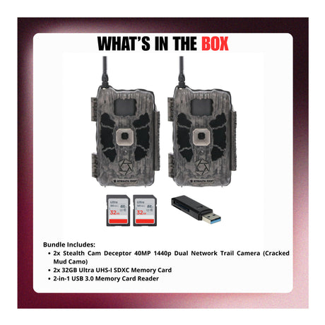 Stealth Cam Deceptor Dual Network Trail Camera (2 Pack) Bundle with 32GB Memory Card & Card Reader - 8