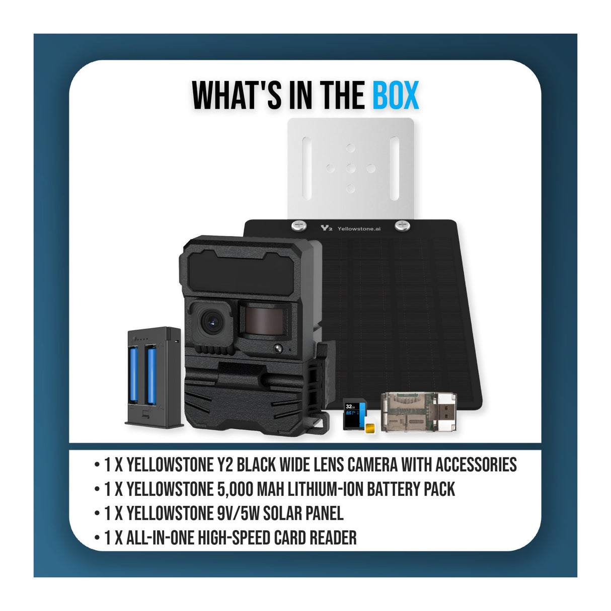 Yellowstone Y2 Black Wide Lens Camera Bundle with Battery, Solar Panel, Card Reader, and Accessories - 9