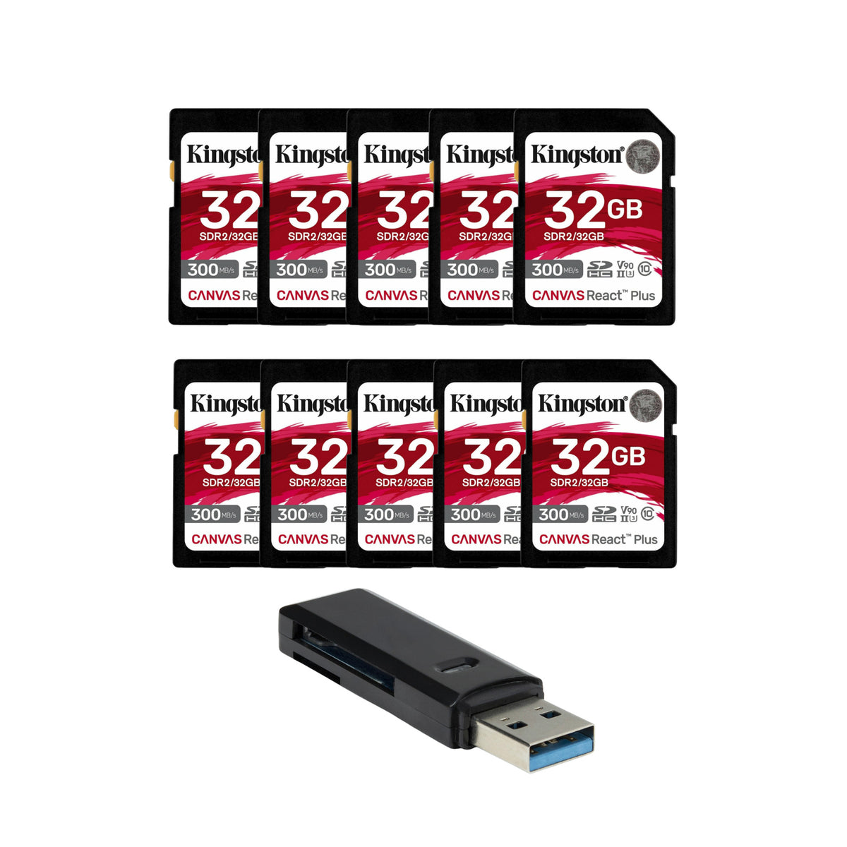 Kingston Canvas React Plus 32GB U3 V90 SD Memory Card (10-Pack) with 2-in-1 USB 3.0 Card Reader - 1