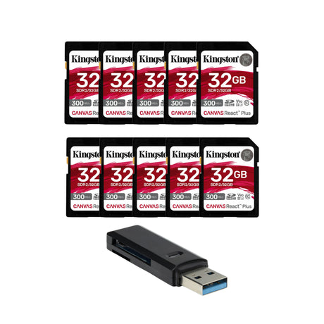 Kingston Canvas React Plus 32GB U3 V90 SD Memory Card (10-Pack) with 2-in-1 USB 3.0 Card Reader - 1