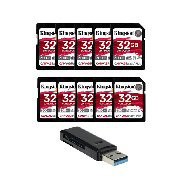 Kingston Canvas React Plus 32GB U3 V90 SD Memory Card (10-Pack) with 2-in-1 USB 3.0 Card Reader - 1