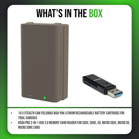Stealth Cam FieldMax Max-Pak Lithium Battery Cartridge (10-Pack) with Memory Card Reader Bundle