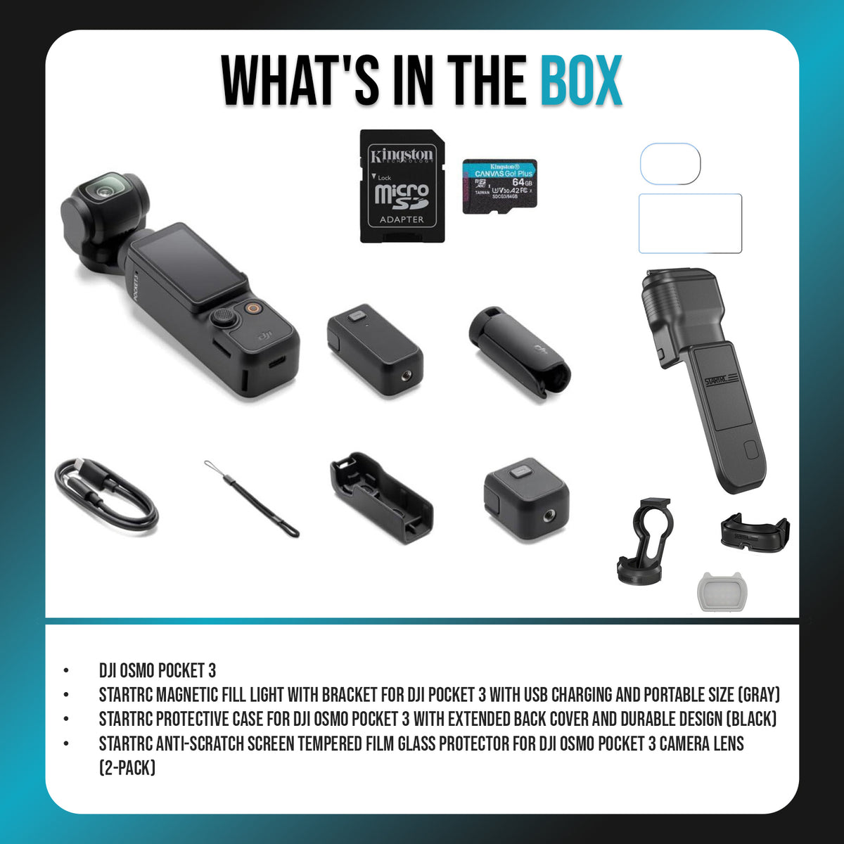 DJI Osmo Pocket 3 with Hard Case Cover, Magnetic Fill-in light, and Tempered Glass Screen Protectors
