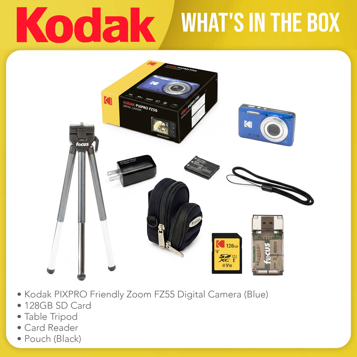 Kodak PIXPRO Friendly Zoom FZ55 Digital Camera (Blue) Bundle with 128GB SD Card and Accessories
